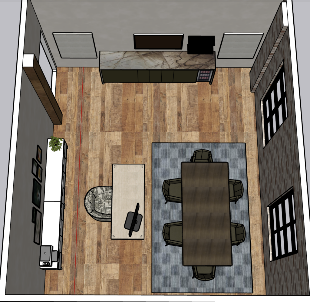 Rendering of office furniture layout and decor