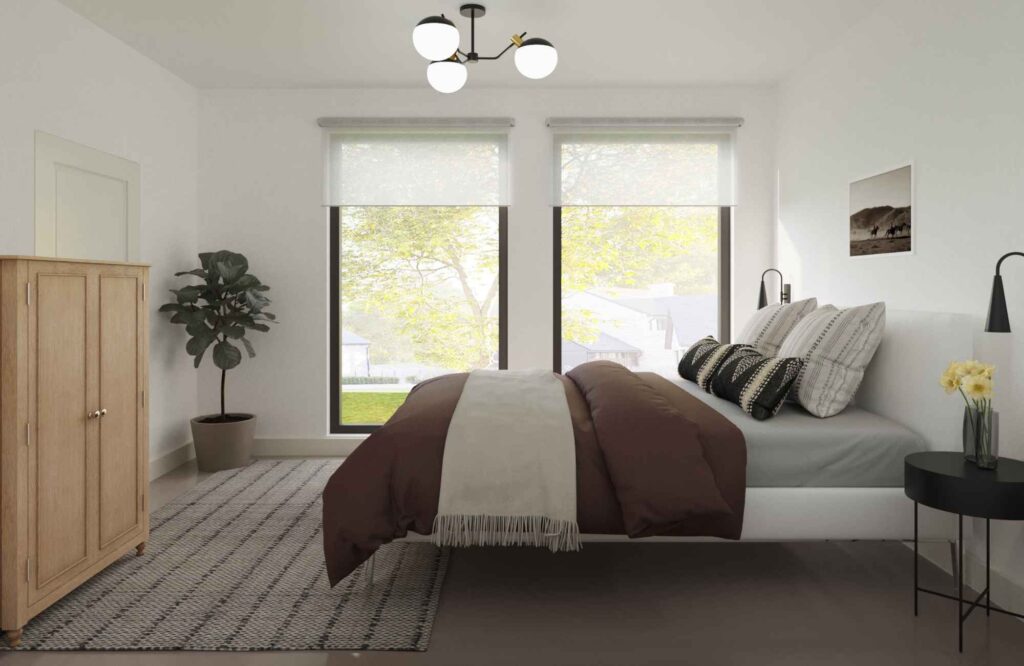 kp-home-lake-view-il-discovering-your-personal-design-style-sophisticated-bedroom-large-windows-minimal-decor-soft-bedding-wall-sconces-meaningful-interior-design