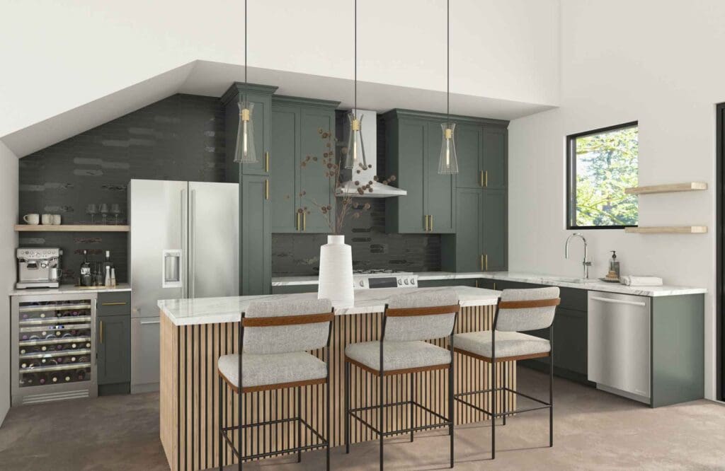 kp-home-north-woods-il-designing-a-home-for-entertaining-large-contemporary-kitchen-dark-green-cabinets-pendants-over-island-meaningful-home-renovation