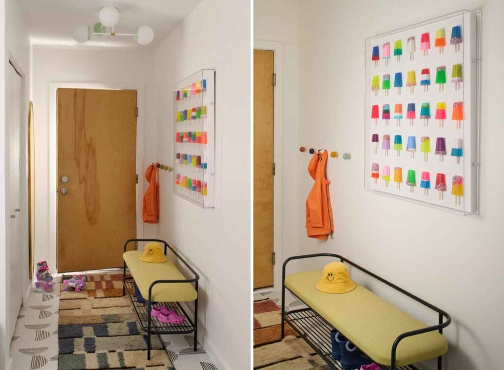 kp-home-chicago-il-kids-emporium-play-house-playful-entryway-dimensional-ice-cream-art-upholstered-bench-colorful-coat-knobs-modern-home-renovation