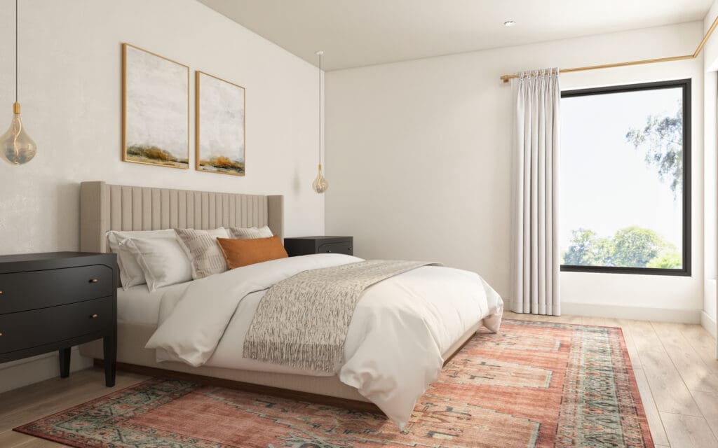 full-service-interior-design-60614-should-you-renovate-or-move-bedroom-refresh-soft-colors-upholstered-headboard-large-window-colorful-area-rug-thoughtful-scaled