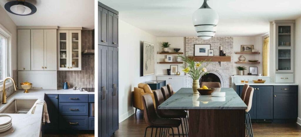 kp-home-60091-timeless-family-home-renovation-sophisticated-kitchen-blue-and-white-cabinets-angular-backsplash-tile-quartzite-island-countertop-appliance-garage-personal