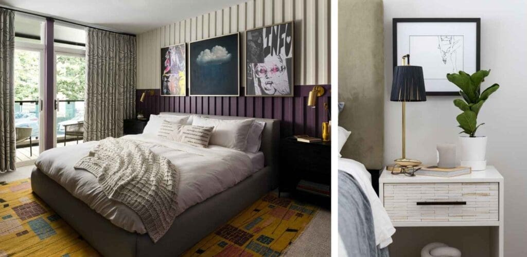 full-service-interior-designer-60613-curating-a-meaningful-art-collection-edgy-guest-bedroom-with-bold-art-over-headboard-line-drawing-over-bedside-table-collected