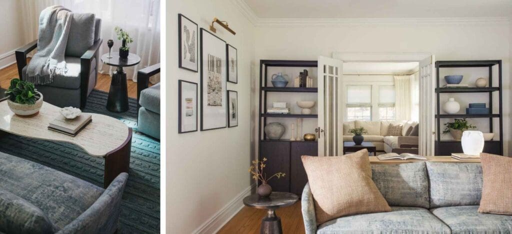 full-service-interior-designer-60613-park-ridge-family-home-tour-formal-living-room-curved-coffee-table-styled-shelves-french-doors-thoughtful-home-furnishings