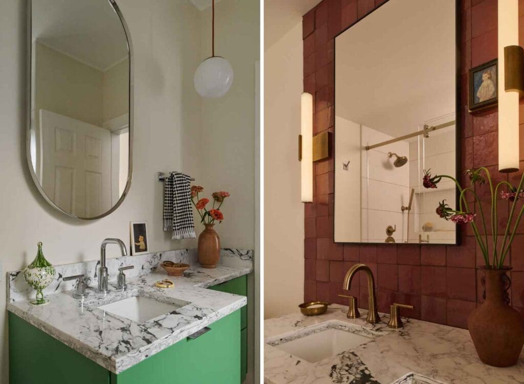 full-service-interior-design-lake-view-il-lincoln-square-kitchen-and-bathroom-renovation-new-bathroom-vanities-bright-green-cabinetry-deep-red-tile-accent-wall-edgy