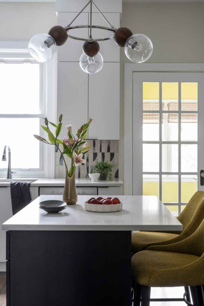 kp-home-chicago-il-guidance-through-design-process-contemporary-kitchen-island-with-upholstered-bar-stools-vibrant-colors-modern-interior-design