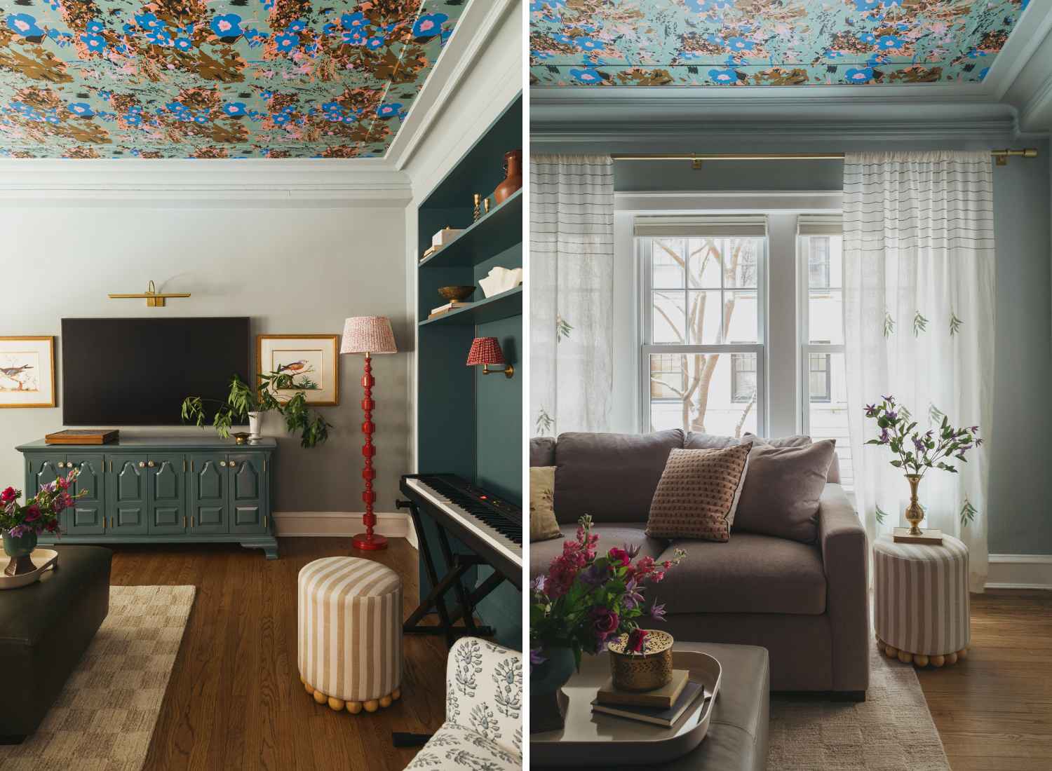 full-service-interior-designer-60657-lincoln-park-home-interior-design-living-room-with-floral-patterned-wallpaper-on-ceiling-colorful-furnishings-collected-design