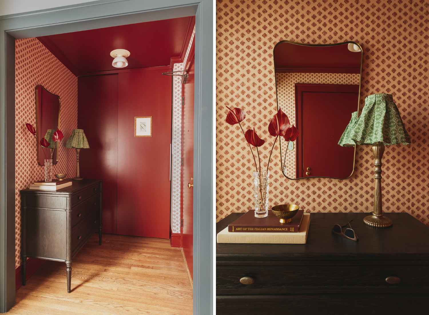 kp-home-chicago-il-lincoln-park-home-interior-design-bold-entryway-with-red-walls-and-patterned-wallpaper-curved-mirror-edgy-home-renovation