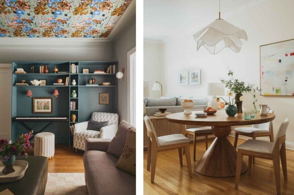 full-service-interior-designer-60523-what-timeless-design-means-colorful-living-room-with-wallpapered-ceiling-neutral-dining-area-with-clean-lines-collected