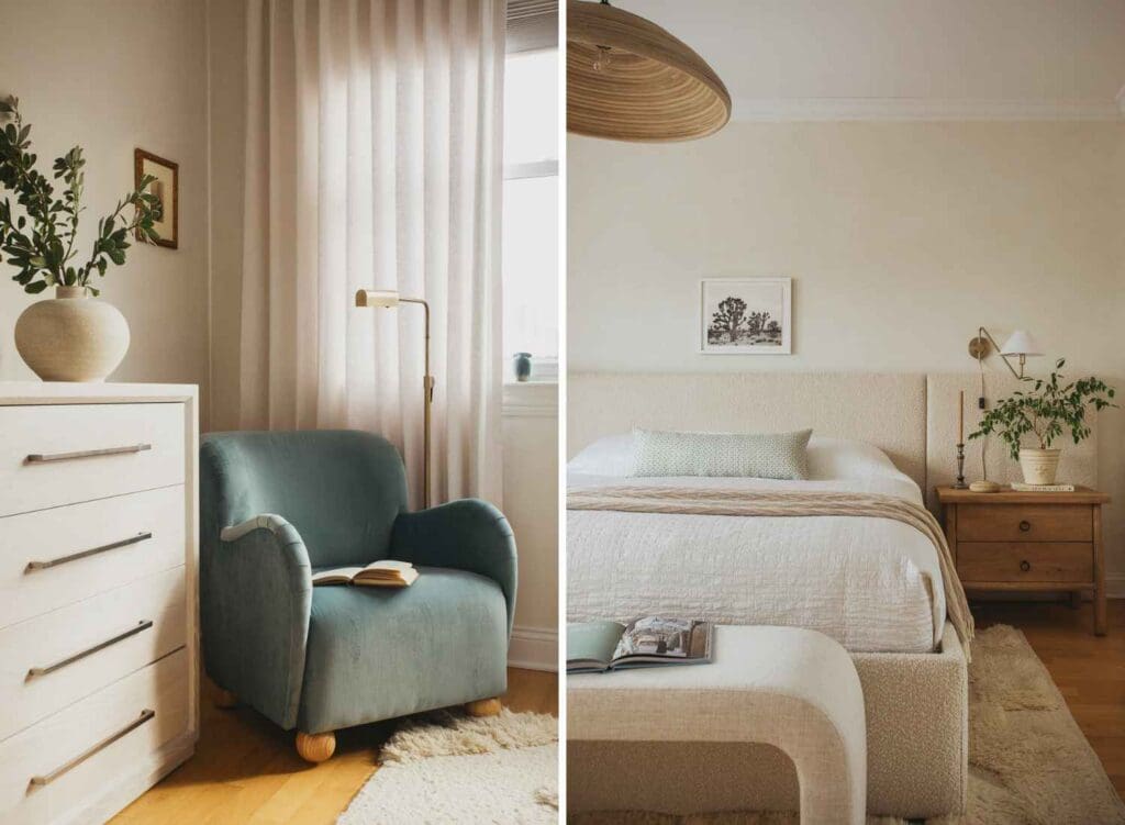 full-service-interior-design-60523-logan-square-home-tour-sage-green-chair-by-window-and-dresser-in-bedroom-bed-with-soft-colors-upholstered-headboard-soothing-renovation