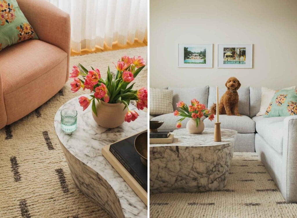 full-service-interior-design-north-woods-wi-logan-square-home-tour-pink-chair-and-curved-stone-coffee-table-sectional-sofa-soft-colors-textures-kitchen-renovation