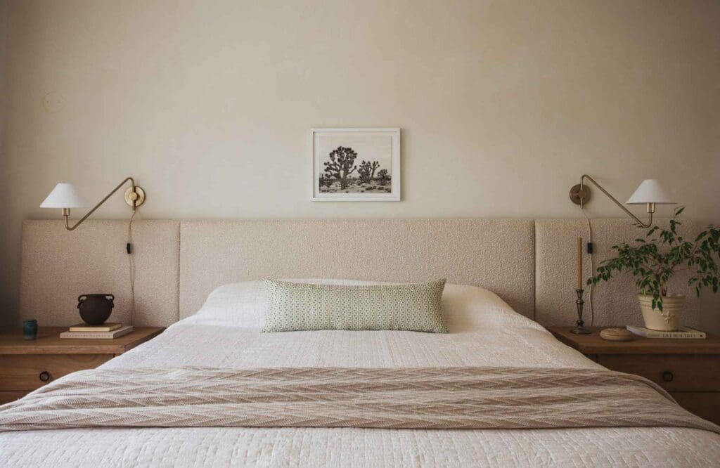 kp-home-north-woods-wi-logan-square-home-tour-primary-bedroom-extended-upholstered-headboard-minimalist-soft-colors-texture-collected