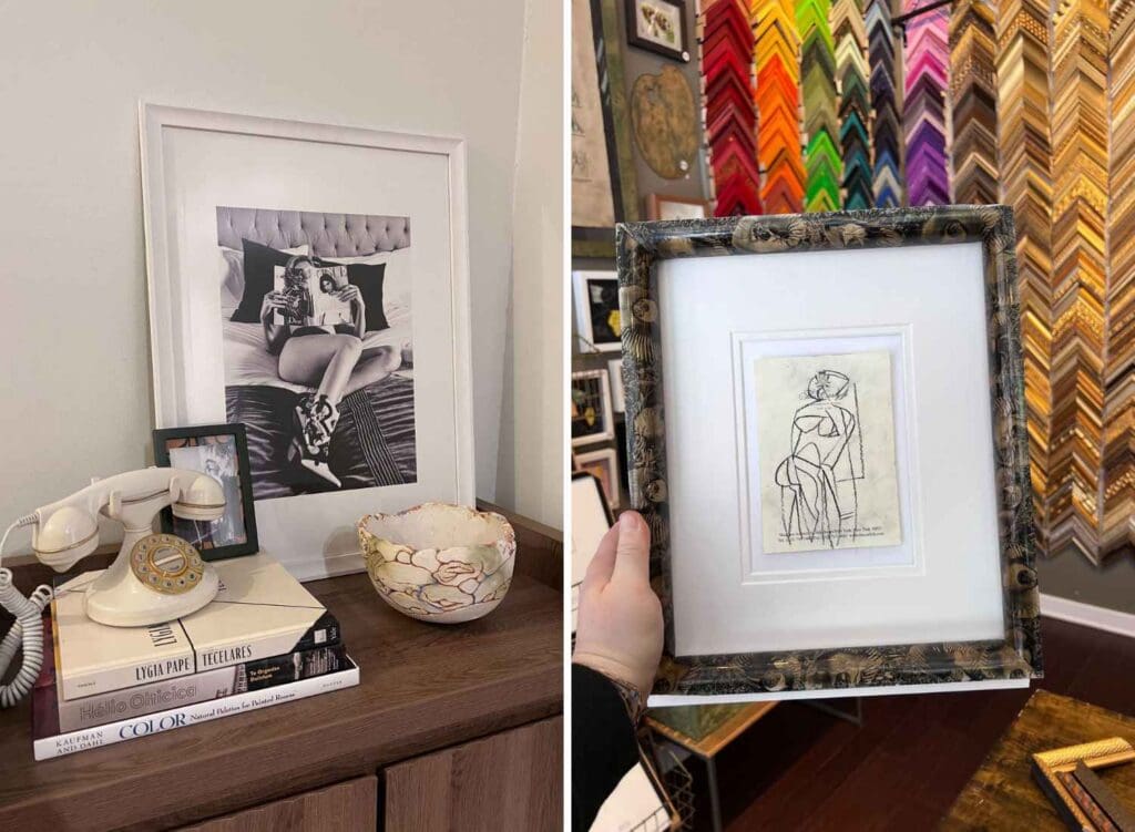 full-service-interior-designer-60029-behind-the-scenes-interior-design-2-framed-pieces-of-artwork-photograph-and-line-drawing-authentic-collected-design